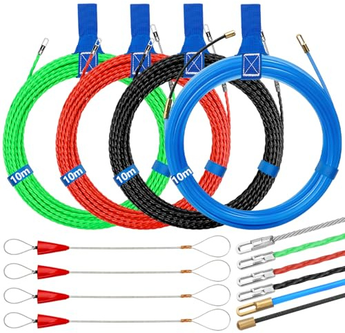 4 Pezzi Ago Elettrico 10m, 4 mm Diametro Tire Cavo Elettrico, Tire Fili Elettrico con 6 Molle di Guida, Infilo-cavo per la posa di Cavi Tubi Vuoti, Verde, Rosso, Nero, Blu