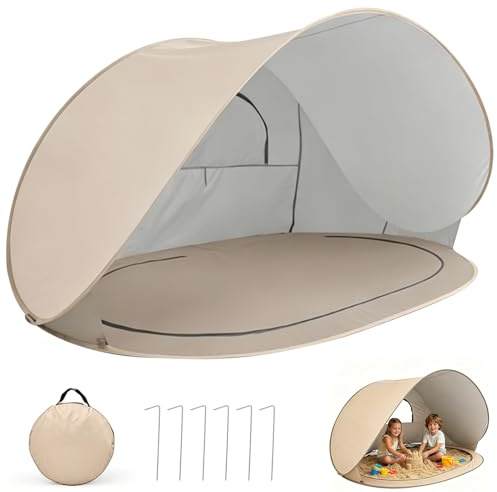 Tente de plage pop-up améliorée, tente de plage portable pour 3 à 4 personnes, fond amovible, abri de plage protection UV 50, tente de plage coupe-vent pour protection solaire, plage, jardin (beige)