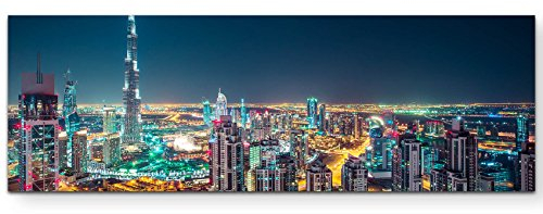 Eau Zone Wandbild auf Leinwand 120x40cm Skyline bei Nacht Dubai – UAE