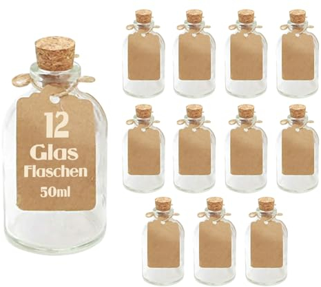 casavetro 12 x 50 ml kleine Glas-Fläschchen mit Kork Deckel, Glasflaschen für Hochzeit Geschenke set Gastgeschenke (12 Stück-inkl.alles)
