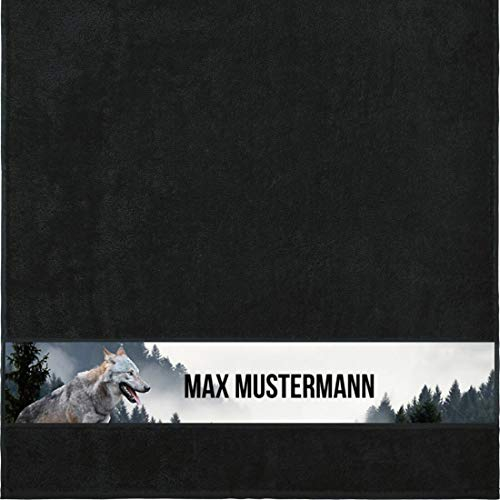 Manutextur Duschtuch Mit Namen - Personalisiert - Tiere Motiv Wolf - Viele Farben - Dusch-Handtuch - Schwarz - Größe 70x140 cm - Persönliches Geschenk Mit Wunsch-Name