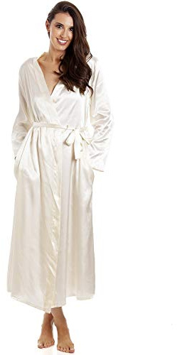 Camille Womens Luxury Long Satin Wrap - Ladies Lightweight & Breathable Summer Nightwear with Tie Belt Fastening Cream
