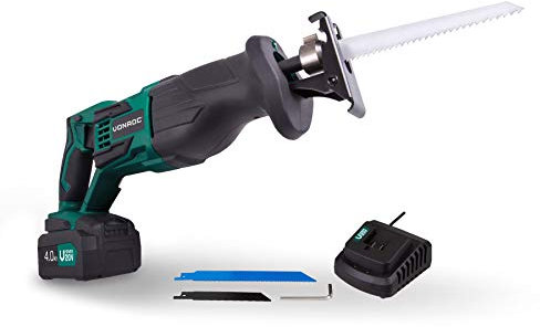 Scie Sabre Sans Fil VONROC 20V - Scie Électrique - Maniabilité, Polyvalence et Sécurité Assurées - Batterie 4.0AH, Chargeur & 3 Lames de Scies Inclus - Coupe Plastique, Métal et Arbre