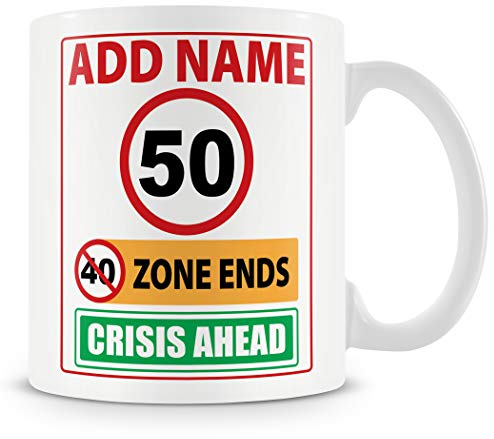 MUGGZ 50th Birthday Gift - Personalised Cup - Add Name - Funny 50 Birthday Mug - Crisis Ahead