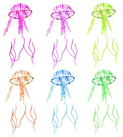 BETOY Künstliche Quallen, 6 Stück Leuchtende Quallen Silikon Aquarium Quallen Simulation Aquarium Dekoration Künstliche Quallen Geeignet für Aquariumdekorationen, Gelb, Grün, Orange, Pink, Blau, Lila