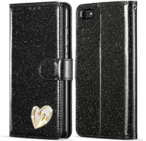 KP TECHNOLOGY Premium Shiny Bling Glitter Loving Heart Book Flip Stand Wallet Card Phone Case for iPhone SE 2022 5G & iPhone SE 2020 (BLACK)