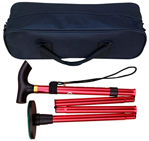 Acclaim Bowlers 33-37 Lawn Bowls Plain Metal Folding Walking Stick & Green Protector with Green Synthetic Felt Base in Carrying Bag (Red)
