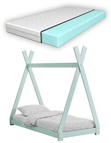 [en.casa] Kinderbett Onejda mit Matratze 70x140cm Mintgrün Tipi Design Kiefernholz Bett Holzbett Hausbett Kaltschaummatratze Öko-Tex Standard 100 Allergikergeeignet Atmungsaktiv