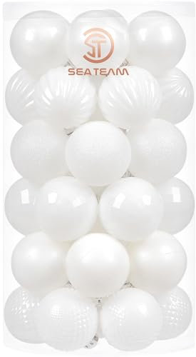 Sea Team 41-Pack Christmas Ball Ornaments with Strings, 40mm/1.57 Small Size Baubles, Shatterproof Plastic Christmas Bulbs, Hanging Decorations for Xmas Tree, Holiday, Wedding, Party, White