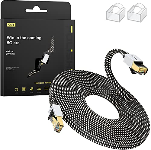 Cat8 Ethernet Kabel 10M, Hohe Geschwindigkeit Nylon Braided Lan Patch Cord, 40Gbps 2000Mhz RJ45 Shielded Flat Cable, für Modem/Router/Switch, schneller als Cat5e/Cat6/Cat7