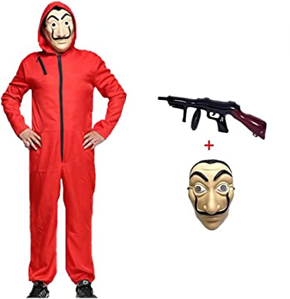 Anxicer Carnevale Tuta da Rapinatore di Banche per Halloween Costume da Ladro Tuta Rossa Pagliaccetto Manica Lunga Cappuccio,Maschera e mitragliatrice Costume di Carnival Cosplay Costume