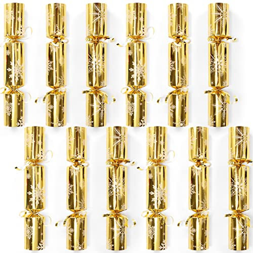 JOYIN 12 Stück Knallbonbons Weihnachten(25,4 cm) goldenem Schneeflocken-Design, ohne Druckknopf, mit Partyhut, Witz und kleinem Geschenk im Inneren, für Weihnachten, saisonale Feiertage, Abendessen