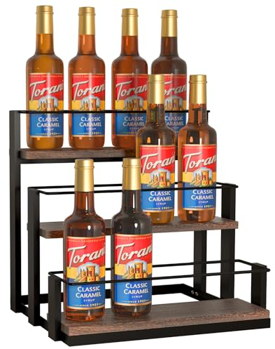 J JACKCUBE DESIGN 3 Tier Syrup Bottle Storage Rack, Rustic Wood and Metal Wire 12 Bottles Compartment Display Organizer Holder Stand for Syrup, Wine, Dressing - MK815A