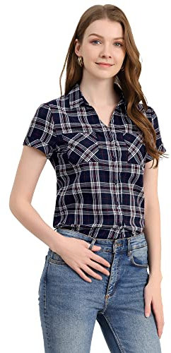 Allegra K Damen Kariertes Hemd Shirt Kariert Kurzarm Classic Oberteil mit Taschen Karo Bluse Dunkelblau M