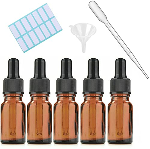 5Pcs Amber Glass Dropper Bottles With Black Caps, Measured Pipette, Funnel and Labels;5ML Glass Eye Dropper Bottles for Essential Oil Pipette Refillable