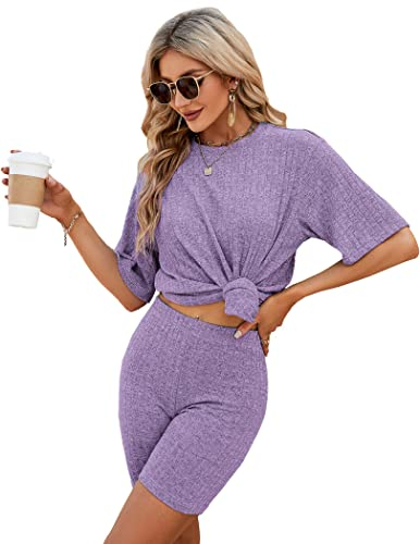 NIUDAU Damen Freizeit Basic 2 Teilig Anzug Sommer Casual Zweiteiler Outfit Set für Frauen Streetwear Oversize Tracksuit Set Kurzarm Shirt High Waist Shorts