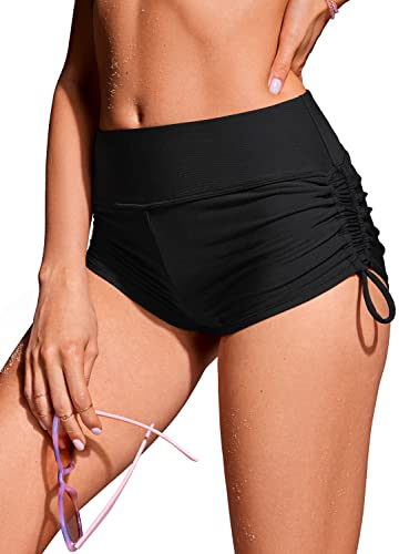 CRZ YOGA Damen High Waist Badeshorts Ruched Side Beach Schwimmshorts Sport Swimsuit Kurze Badehose Schwarz 40