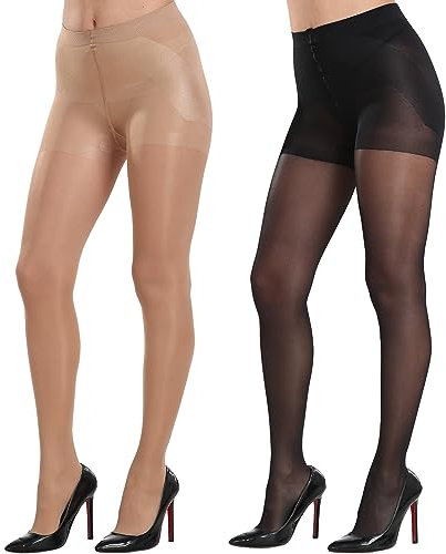 MANZI Strumpfhose Damen mit Bauchweg Effekt Shape Feinstrumpfhose Leicht Glänzend Reißfest 40 Den Schwarz und Natur 2 Paar S