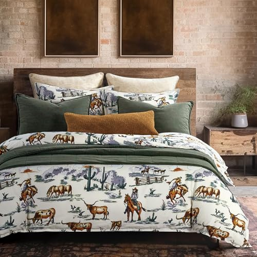 Paseo Road Ranch Life Western Bedding, 3 Piece Queen Size Cotton Duvet Cover Set, Green Longhorn Horse Cow Cowboy Bedding Print, Soft Cozy Rustic Southwestern Bedding with Pillow Shams