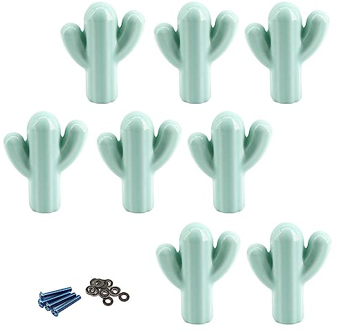 Zerniple Möbelknäufe aus Keramik, Kaktusform, Blau / Grün, mit Schrauben und Unterlegscheiben, 8 Stück