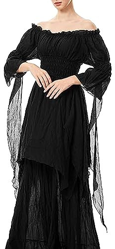 Women’s Retro Medieval Costume Renaissance Dress with Ruffle Sleeves, Sexy Halloween Party Costumes Gothic Victorian Long off Shoulder Dress(Black,L)