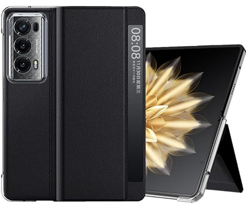 Lemxiee Cases für Honor Magic V2 Handyhülle,Slim magnetisch PU-Schutzhülle,Unsichtbar Ständer Intelligente Fensteranzeige -Schwarz