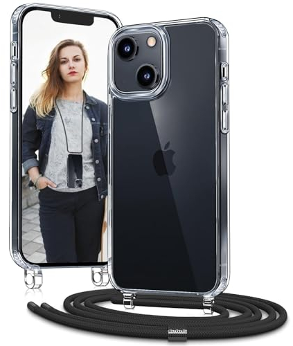OLEPHY Handykette für iPhone 15 Hülle mit Band - Necklace Handyhülle mit Schnur - Transparente Case zum Umhängen mit Verstellbarem und Demontage Umhängeband, Schwarz