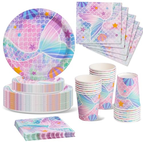Vaisselle Anniversaire Sirène, 96 Pcs Sirène Vaisselle de Fête Kit Vaisselles Anniversaire Fille Assiettes Carton Gobelet Serviettes Paille, Fournitures de Fête pour Sirène, Baby Shower- 24 invités