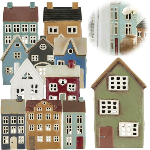 LS-LebenStil Teelichthaus Lichthaus 21cm Grün Braun Keramik Fachwerkhaus Nyhavn Teelichthalter