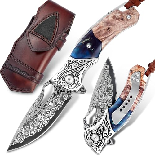 FORESAIL Damaszener Taschenmesser, geschmiedete Damaszener Stahlklinge, neuer Griff aus Harz und Ahornblatt, mit Lederetui, Taschenclip, geeignet für Wanderungen, EDC Geschenk