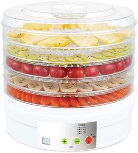 NUANYI Deshidratador de Alimentos, Temporización de Programación - Control de Temperatura, con 5 Bandejas Apilables, Bajo Consumo Energético, 350W, Redondo Blanco