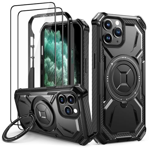 Lanhiem Cover per iPhone 11 Pro con 2 Pezzi Vetro Temperato, 16FT Antiurto Anticaduta Militare,Supporto Magnetico Anello a 360° Protezione Armor Protezione, Custodia per iPhone 11 Pro 5.8, Nero