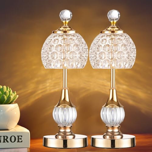 Zoeger Kristall Tischlampe Kabellos - 3 Farben LED Vintage Touch Lampe, Akku Tischleuchte Dimmbar