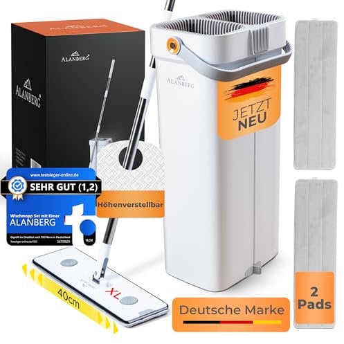ALANBERG® XL Wischmopp Set mit Eimer – Zwei-Kammer-System, 181cm rückenschonender Bodenwischer für alle Bodentypen, Edelstahl, Selbstauswringend, 40cm Mikrofaser Wischpads – Weiß