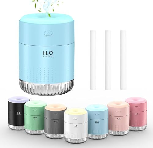 KARFUN humidificador de aire,Mini Humidificador de Escritorio Portátil 500 ml,7 Luces de Color,Silencioso,Apagado Automático,para Oficina, Dormitorio,Coche (Azul)