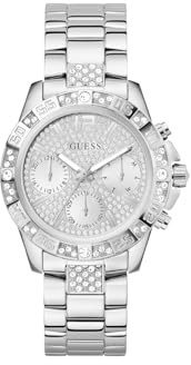 GUESS Damen Armbanduhr Majesty mit Zirkonia, silberfarbenes Edelstahlarmband, Mineral Glas, silbernes Ziffernblatt, 5 Bar, Gehäusedurchmesser: 40 mm, GW0771L1