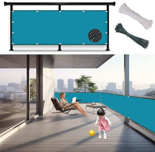 Ocultacion Balcon 120 x 350 cm 98% Protección UV, Resistente Al Viento, Toldos Laterales para Balcon con Cuerda y Bridas, para Patio Apartamento, Azul Cielo