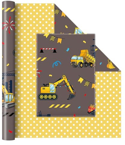 WERNNSAI Wendbare Geschenkpapier zum Thema Bauwesen – 1 Rolle 43 cm x 10 m Geschenkpapier zum Geburtstag mit LKW Motiv für Jungen und Kinder Geschenkpapier mit LKW Kran Technisches Fahrzeug Packpapier