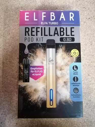 Elfbar Elfa Turbo Pod Kit, Pod Akkuträger 550 mAh, 0.8 Ω nachfüllbarer Pod (Selbstbefüllbarer, austauschbar, Refillable) USB-C Schnellladung, MTL, 2 Leistungsmodi - Ohne Nikotin & Liquid, Aurora Gold