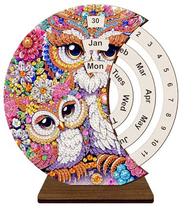 CXINLky DIY Diamond Art Painting Kalender, 5D Diamant Painting Drehbare Kalenderornamente Aus Holz, Diamant Painting 2025 Tischkalender Tisch Deko Geschenke Weihnachtsdeko Ornamente-05-Eule