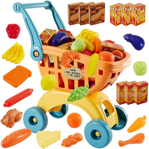 BUYGER Childs Shopping Trolley with Play Food Toys, Push and Go Shopping Cart Supermarket Shop Grocery Store Games Accessories Sets Pretend Role Play Toys Gifts for Ages 3 4 5+ Years Old