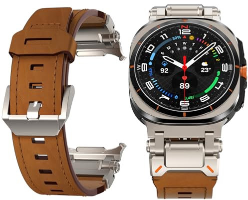 KADES compatible with Samsung Galaxy Watch Ultra Strap, Grain Genuine Leather Replacement Band for Galaxy Watch Ultra 47mm, Titanium/Brown