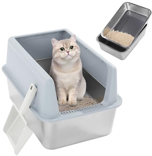 MABOZOO 19.7x13.7x12 Stainless Steel Sifting Litter Box with Lid, Large Enclosed Cat Sifting Litter Box for Pine Pellets with Scoop Anti-Leakage Odor Control Cat Supplies
