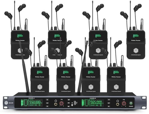 EM200 UHF - Sistema de monitor inalámbrico en el oído de 2 canales, 8 paquetes de monitoreo con auriculares en escenario, banda, estudio de grabación, actuaciones en vivo