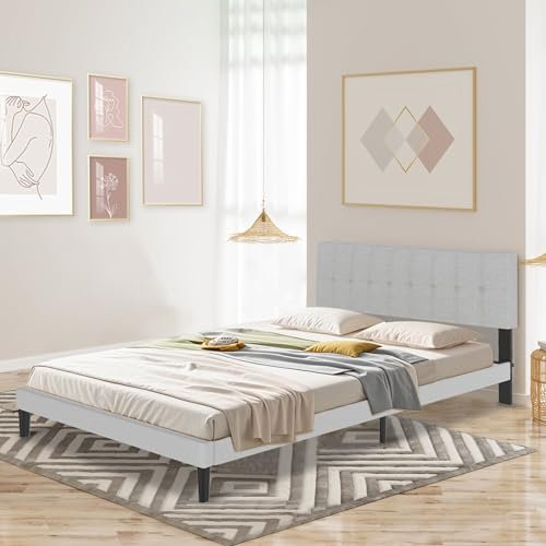 Froadp Polsterbett 140 x 200 cm – Doppelbettgestell mit Holzlattenstütze aus Leinen, Gepolstertes Kopfteil mit Knöpfen, Plattformbettgestell für Schlafzimmer, Modernes Design (Hellgrau)