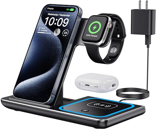EXW Chargeur à Induction, Station de Charge Portable Pliable 3-en-1, Chargeur sans Fil Rapide pour IPhone 16/15/14/13/12/11 Series, IWatch 7/6/5/4/3/2/SE, pour AirPods 2/3/Pro (Noir)