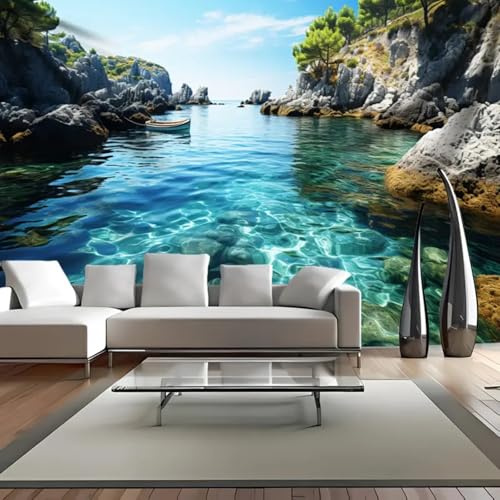 Arsey Wandteppich Mittelmeer Landschaft, 300x180cm | Kristallklares Wasser mit Felsen, Blaue Meeresbucht, Natur Wandtuch, Für Schlafzimmer Wohnzimmer, Fotografie Hintergrund