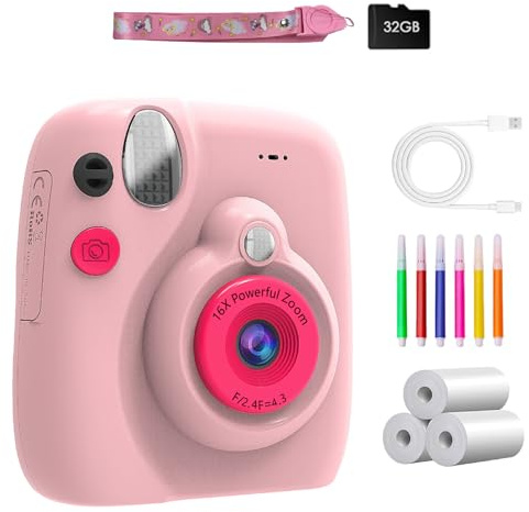 Uqezagpa Appareil photo à impression instantanée pour enfants avec stylo de coloriage carte de 32 Go 1080p Design rétro pour enfants de 3 à 12 ans Durabilité et sécurité