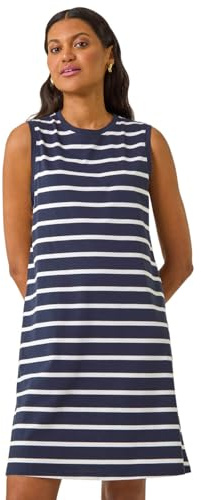 Roman Originals Stripe Jersey A-Line Stretch Dress for Women UK - Ladies Everyday Holiday Spring Summer Round Neckline Comfy Soft Evening Vacation Work Party - Navy - Size 16
