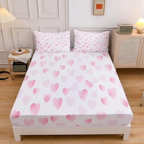 Weiß Spannbettlaken 160×200 cm Rosa Herz Betttuch Bettlaken Bezug Schlichter Stil Maschinenwaschbar Wird Mit Zwei Kissenbezügen Geliefert 30 cm Tiefe Tasche Spannbetttuch